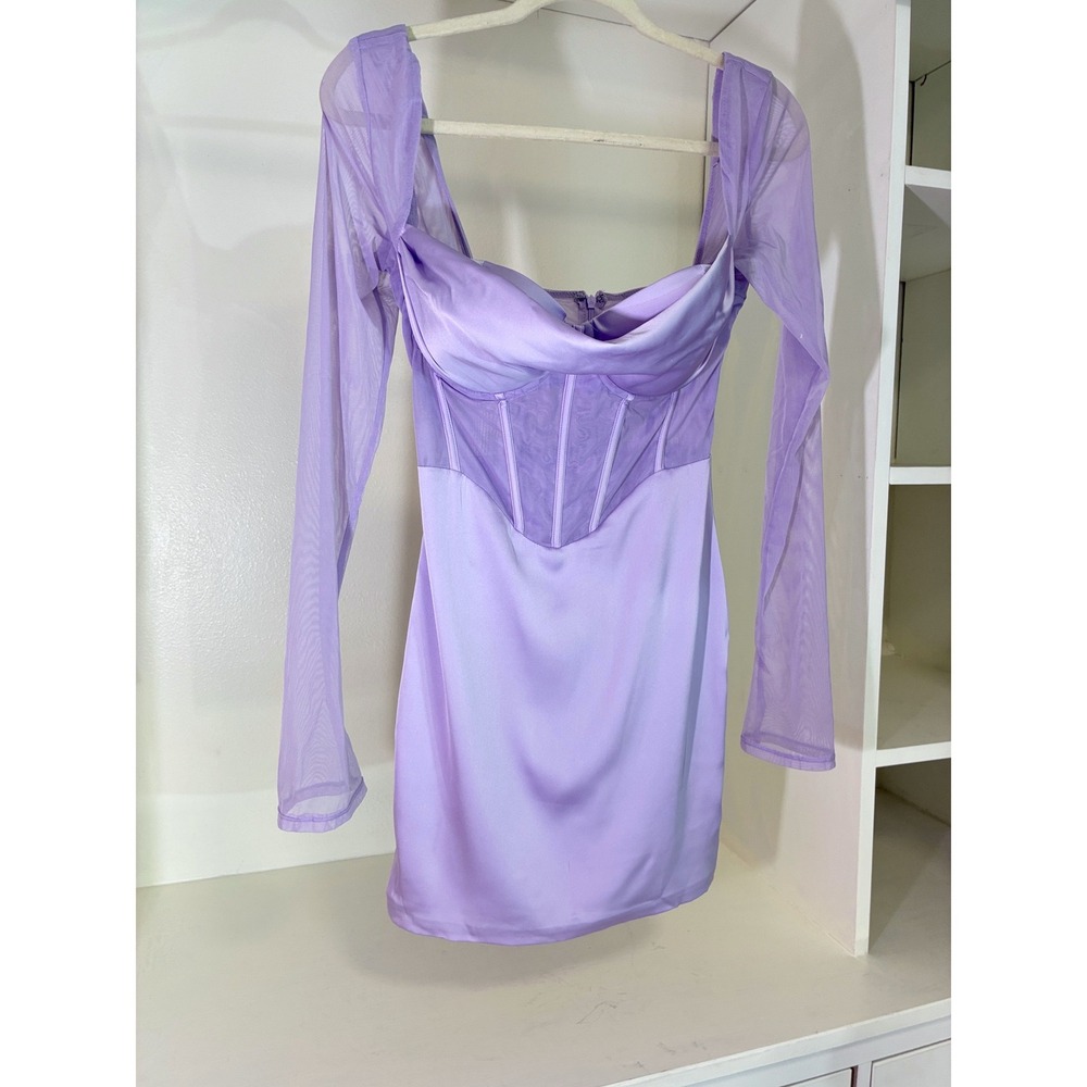 Oh Polly Mini Dress Women Size 6 Purple Satin Corset Mesh Long Sleeve